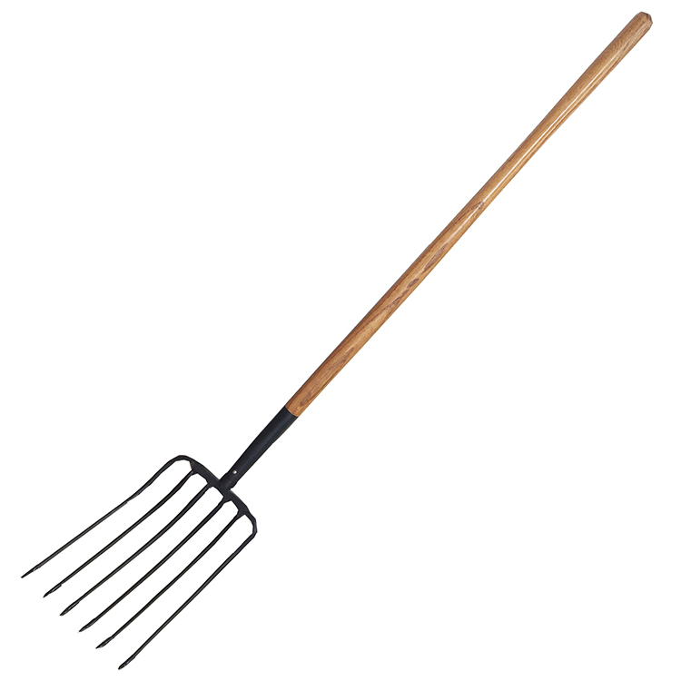 F61005  Forged 5 Tine Manure Fork With Long Wooden Handle